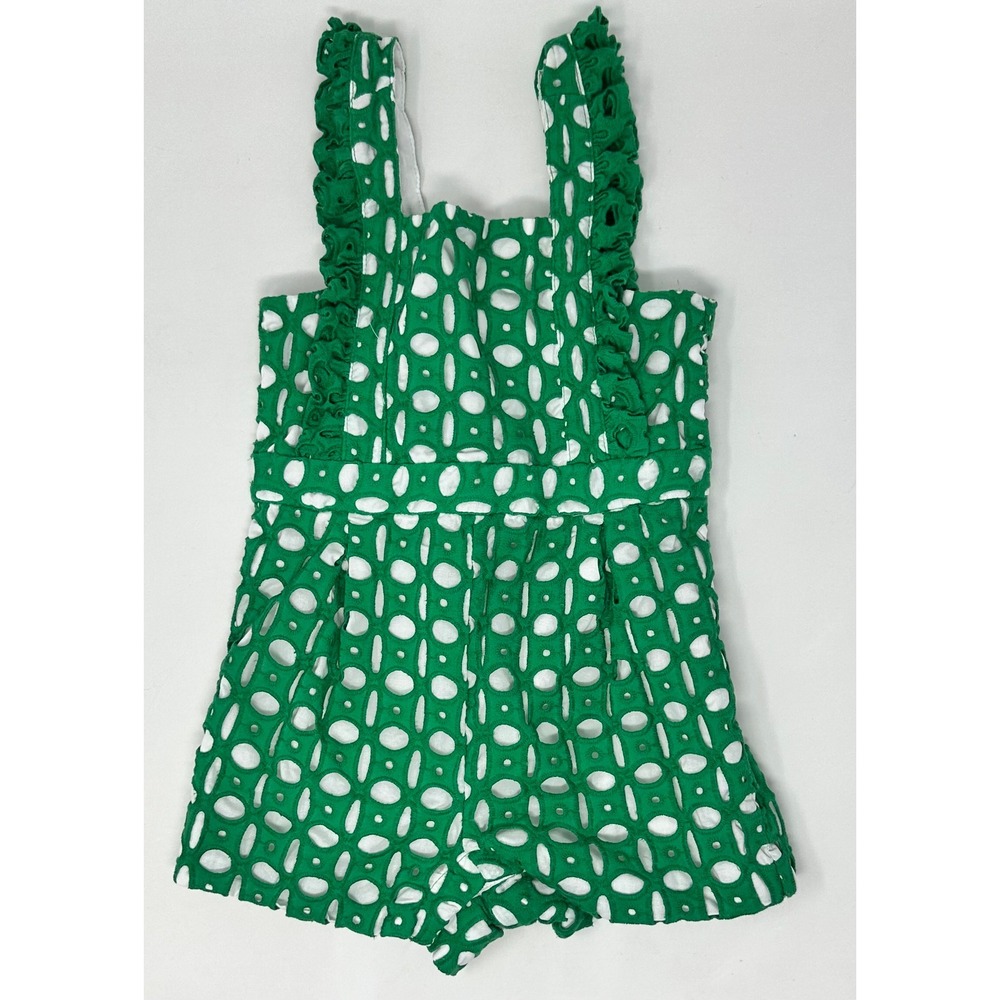 Janie and Jack Infant Baby Girls Green White Eyelet Ruffle Romper 12-18 Months